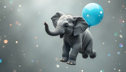 Cute elephant flying on a blue balloon.