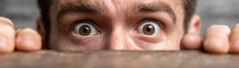 Panic attack by managing stress and fear concept. A close-up of a surprised man peeking over a surface.