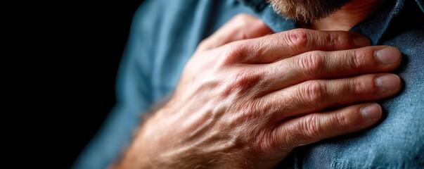 Panic attack by managing stress and fear concept. A concerned man places his hand on his chest, showing distress.