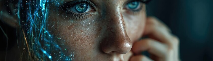 Mental wellness care on diagnosis, therapy and balance concept. Close-up portrait of a thoughtful young woman with striking features.
