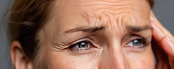 Mental wellness care on diagnosis, therapy and balance concept. A close-up of a woman showing signs of stress and concern.