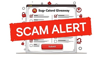 A bold 'SCAM ALERT' graphic warns about a fraudulent giveaway, featuring checkboxes and a submit button.
