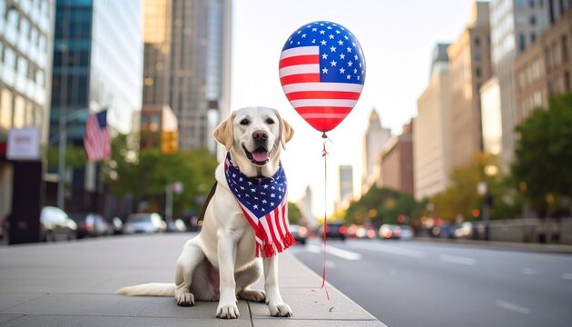 A charming white Labrador wears a patriotic USA flag scarf, with a festive USA balloon against a softly blurred city background. Captured with sharp detail and ample copy space.