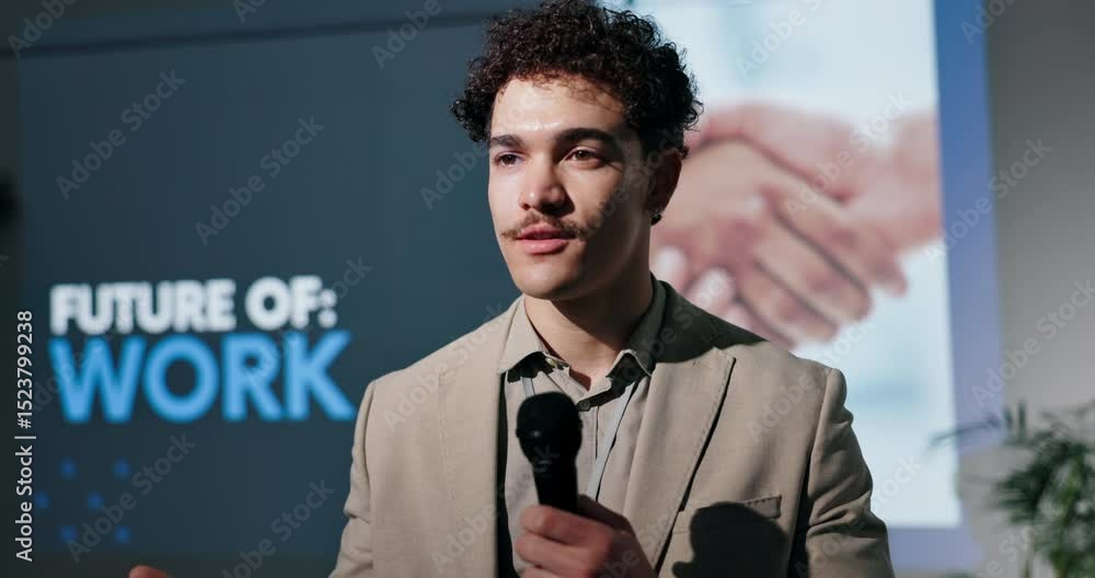Poster Man, presenter and conference with mic by screen for future of work with solution for employment. Person, speaker and speech at convention for occupation, human resources or discussion on event stage