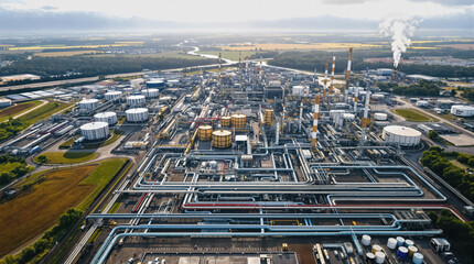 Aerial view of An oil refinery with pipes and tanks
