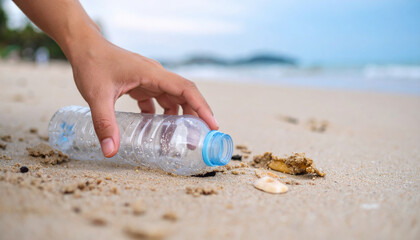 Hand picking up plastic bottle on sandy beach