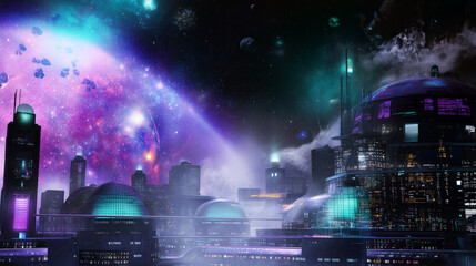 Sci-Fi Space City Floating near Asteroids with Vibrant Nebula