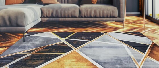 Modern geometric rug grey, simplicity brown and bronze, in the style of dark azure and gold line stripes pattern.