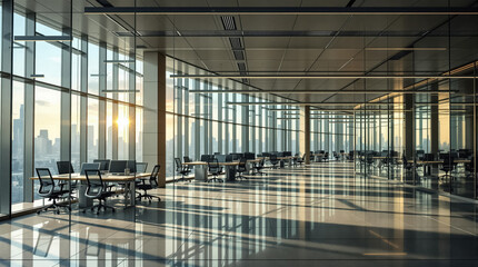 Bright glass empty office with windows and workplaces
