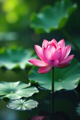 Obraz premium Serene pink lotus flower blossoms emerge from calm water, surrounded by lush green lily pads Perfect for spa, meditation, tranquility, and nature themes , stillness, pure