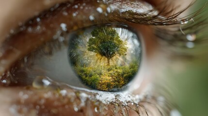 Anxiety disorder through stress healing and support concept. Close-up of a human eye reflecting a vibrant green landscape.