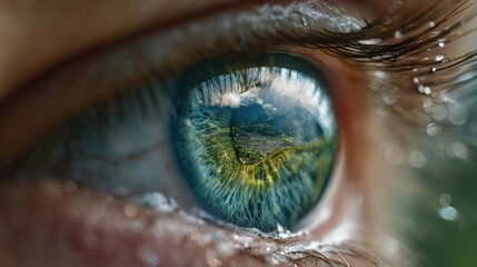 Anxiety disorder through stress healing and support concept. Close-up of a vibrant, reflective eye showcasing nature.
