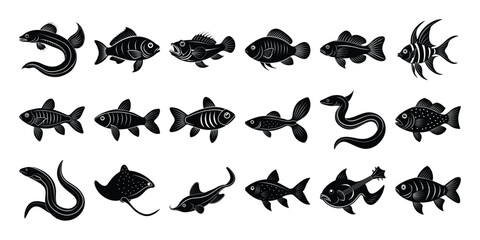 Collection of Diverse Fish Species Silhouettes of Aquatic Life
