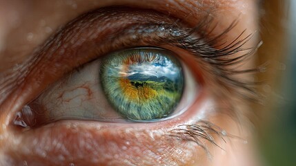 Anxiety disorder through stress healing and support concept. A close-up of a human eye reflecting a vibrant landscape.