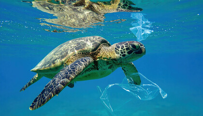 Obraz premium Sea turtle swimming near plastic in ocean