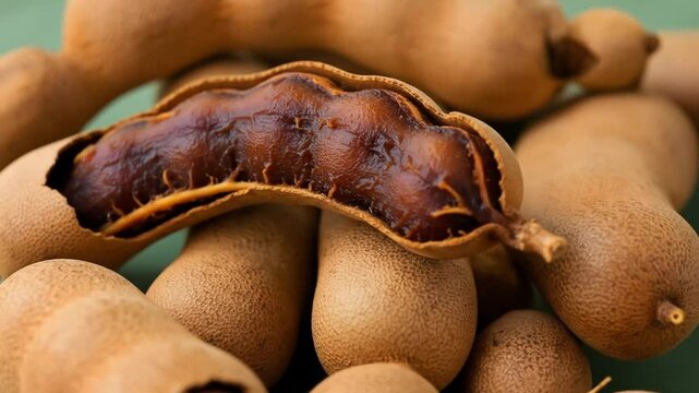 Closeup Pile Of Brown Tamarind Fruits On A Green Background
