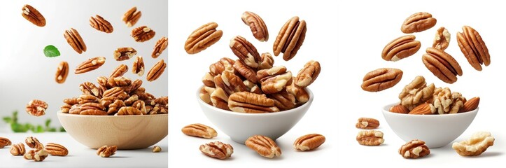 Fototapeta premium Pecans flying mid-air, isolate on white background. Mix