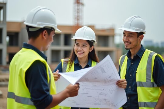 Asian construction team reviewing blueprints on the job site.