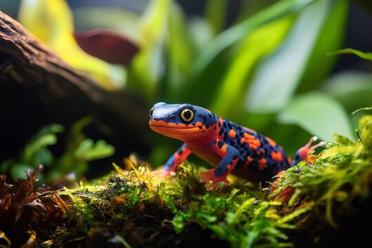 Colorful firebelly newt exploring lush vivarium habitat
