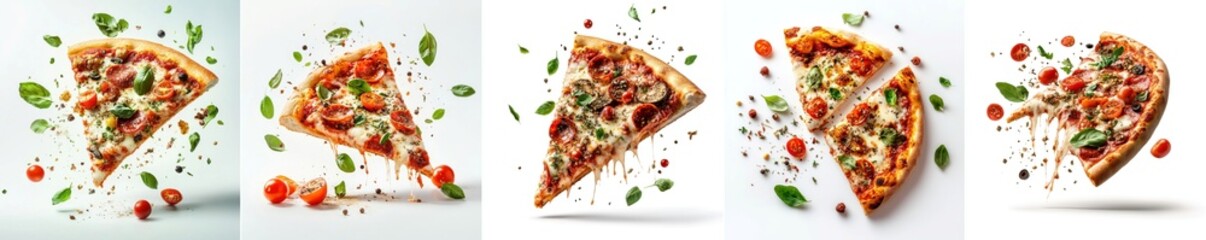 Pizza slice flying, spices and herbs, isolate on white background.