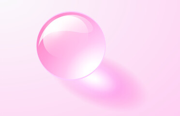 Pink glass ball, transparent sphere with shadows, 3D shiny marble ball.