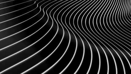 Black striped pattern background, 3d lines design, abstract minimal dark gray background for business presentation.
