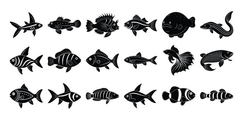 Collection of Diverse Fish Silhouettes A Graphic Design Resource