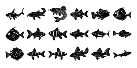 Collection of Diverse Fish Species Silhouettes of Aquatic Life