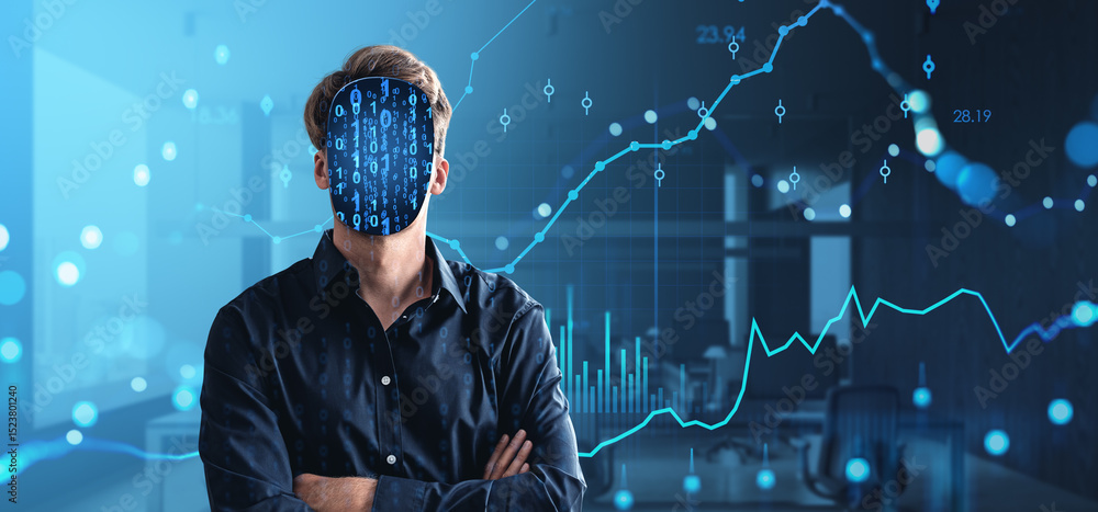 Poster man with digital binary face in dark office with stock market gr