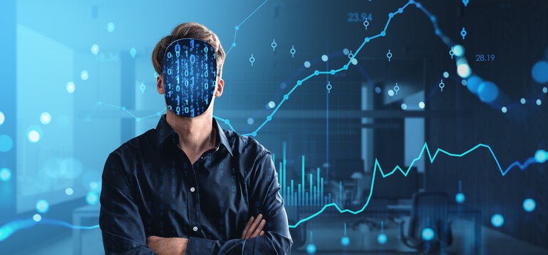 Man with digital binary face in dark office with stock market gr - Powered by Adobe