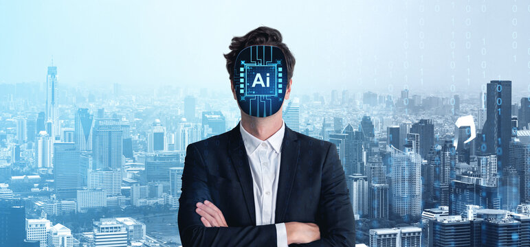 Businessman with AI face chip standing over digital cityscape ba