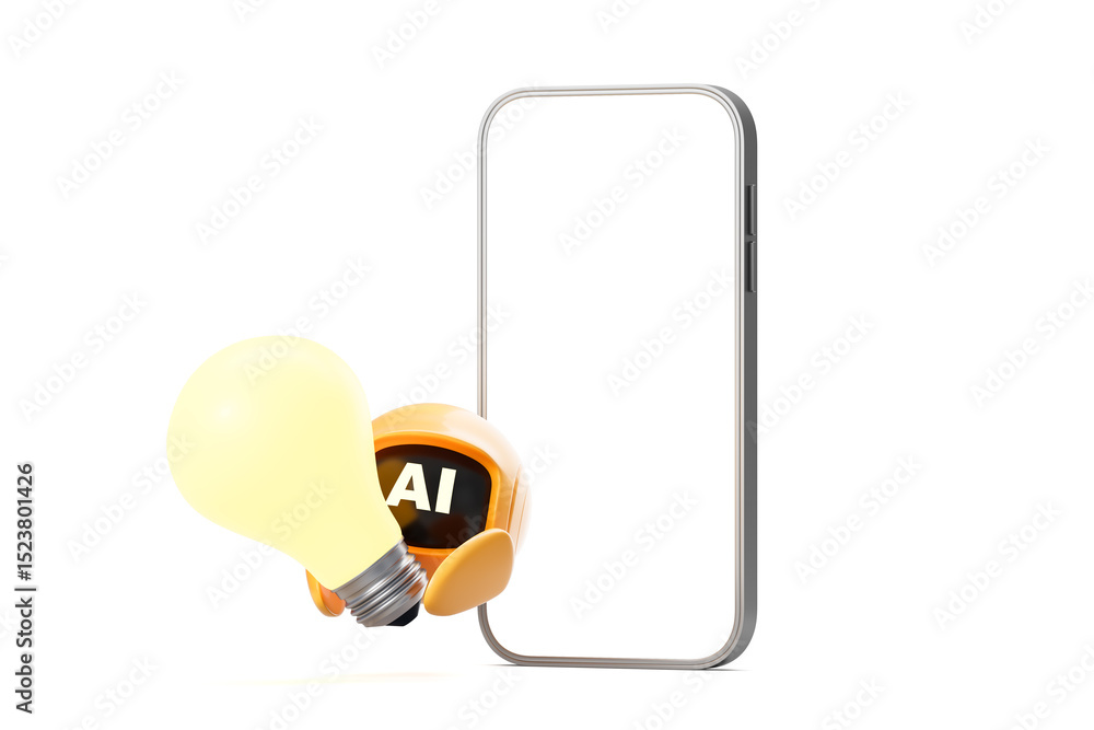Poster cartoon ai robot holding light bulb beside smartphone frame on white background, symbolizing innovat