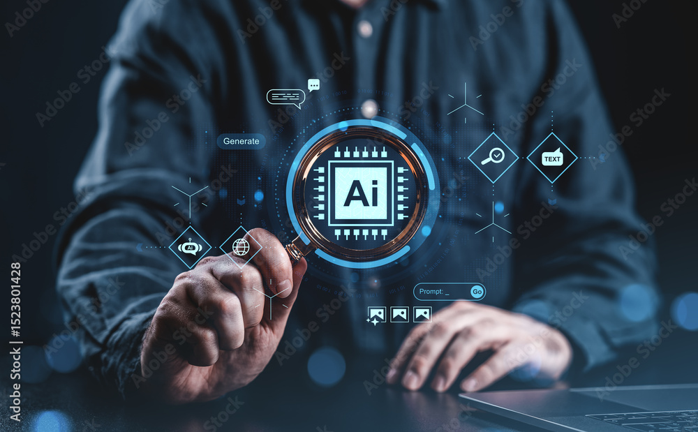 Poster man analyzing ai hologram interface with magnifying glass on dark background.