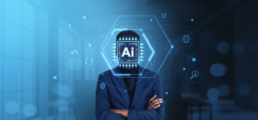 Human figure with AI chip head and data icons on futuristic offi