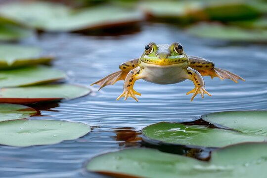 Green frog jumping over water lily pads in a pond