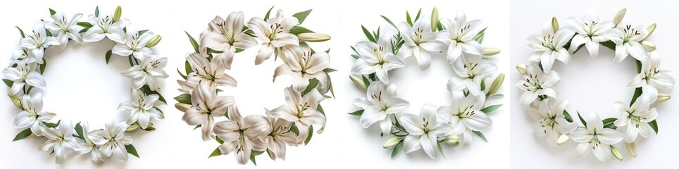 Fototapeta premium White lilies arranged in a wreath frame, isolate on white background. Mix Collection.