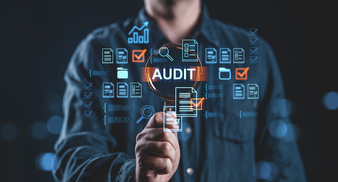 Business audit concept with digital documents and magnifying glass overlayed. - Powered by Adobe