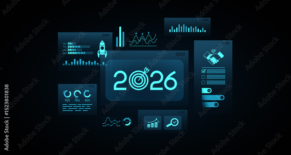 Poster futuristic 2026 target infographic with data charts, business growth icons, and analytics ui concept