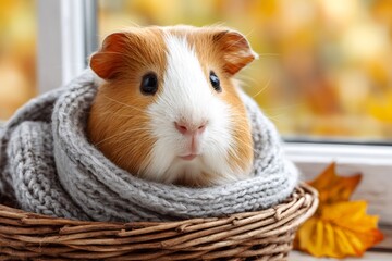 Guinea pig wearing scarf sitting in basket by window during autumn