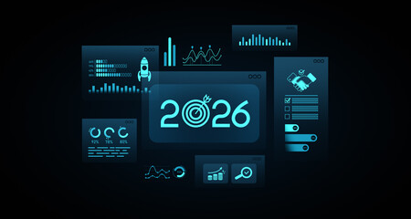 Futuristic 2026 target infographic with data charts, business growth icons, and analytics UI concept on dark digital interface background. 3D Rendering
