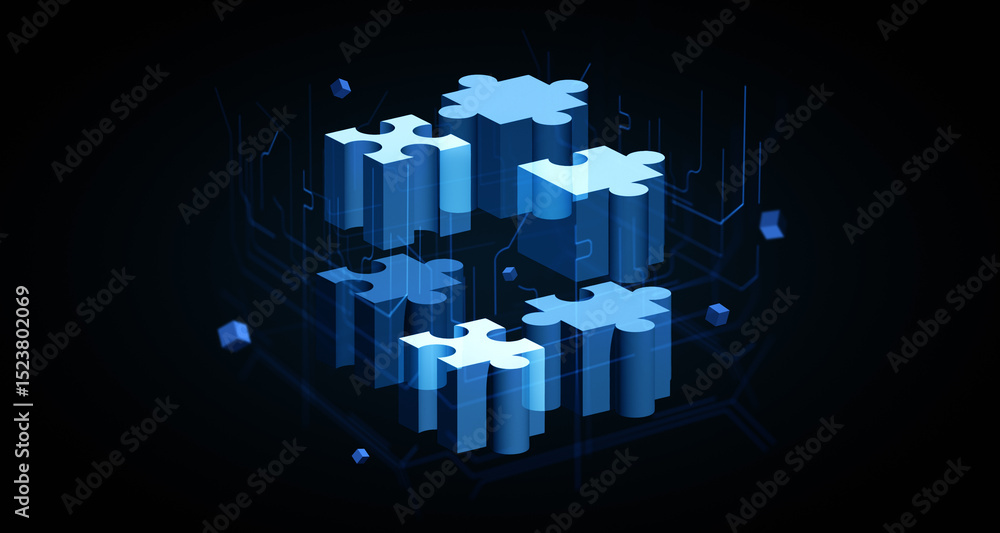 Aufkleber floating blue puzzle pieces forming cube structure on digital circuit background, symbolizing data i