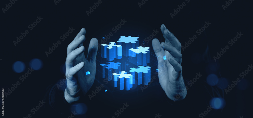 Poster hands holding digital puzzle blocks in blue glow on dark background conceptually..