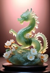 Obraz premium A beautifully sculpted jade-like Dragon statue with a translucent body blending shades of green, white, and amber. Chinese culture, luxurious, and harmonious
