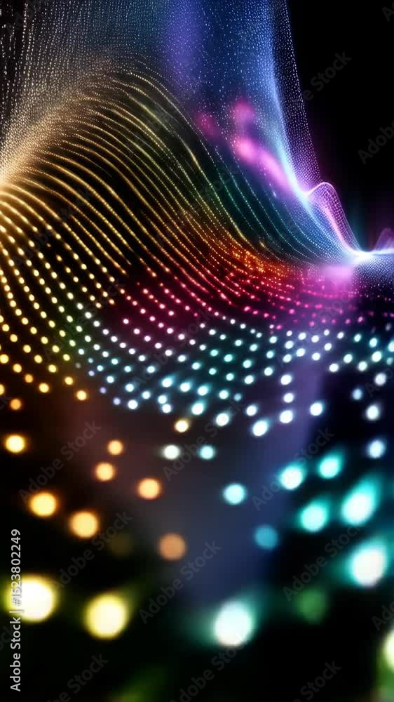 Poster a vibrant, digital landscape with undulating waves and shimmering light particles against a dark bac