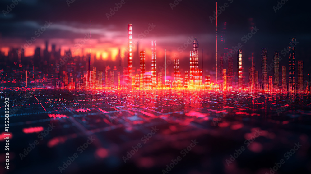 Aufkleber digital cityscape with glowing buildings and data reflection representing technology innovation and 