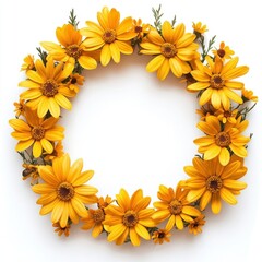 Obraz premium Yellow daisies arranged in a wreath frame, isolate on white background.