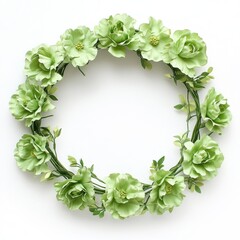 Green carnations arranged in a wreath frame, isolate on white background.