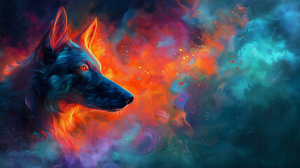 dog in fire, dog portrait with flame background