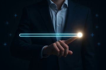 Businessman Interacting with Energy Efficiency Slider in Clean Futuristic Office Space