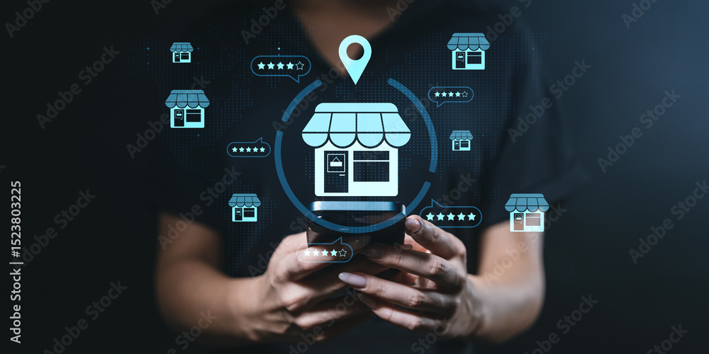 Poster local business search concept with person using smartphone and store icons on screen.